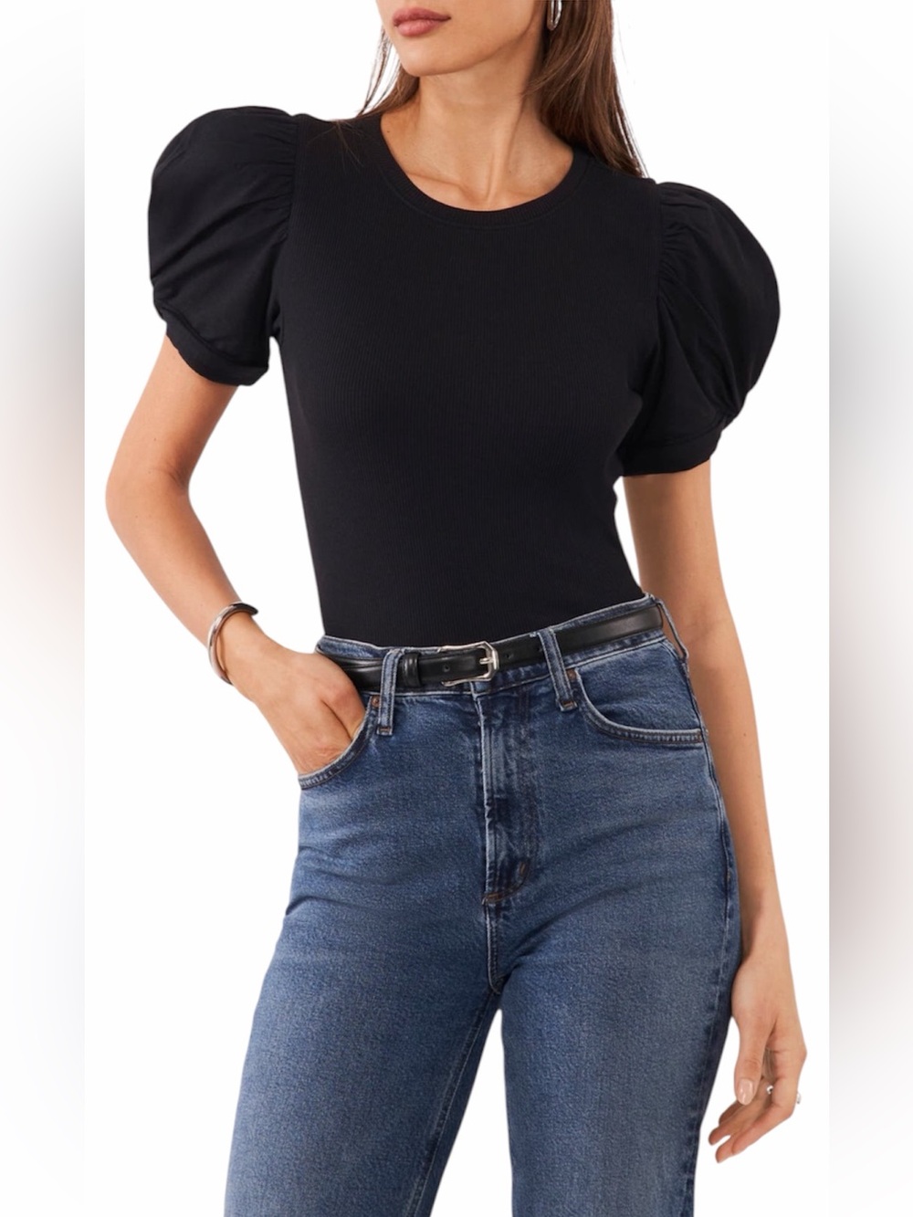 1. State Black Puff Sleeve Ribbed Top